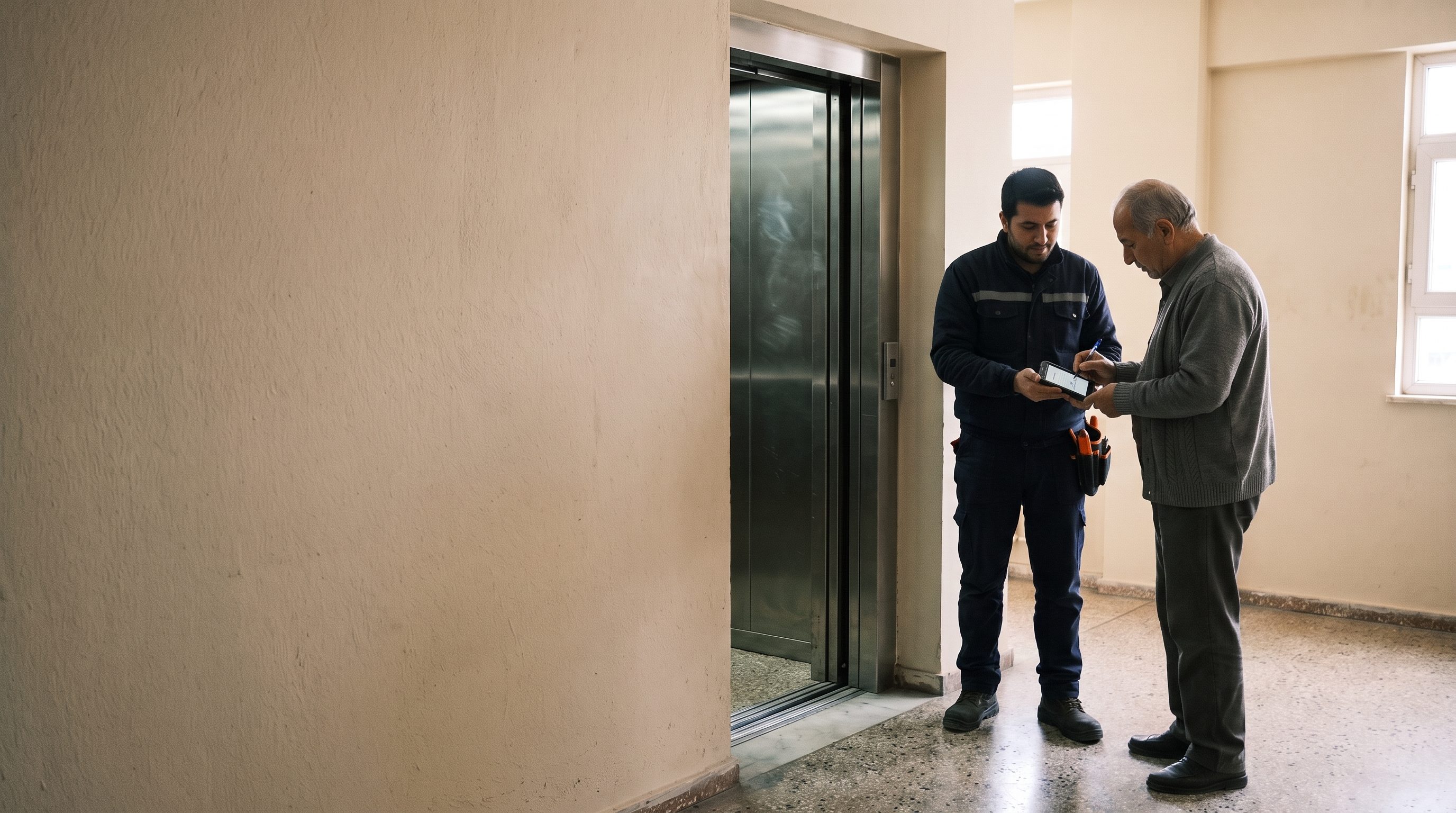 Bir apartman lobisinde, açık asansör kabininin yanında teknisyenin telefonunda Föy'ü imzalayan bina yöneticisi