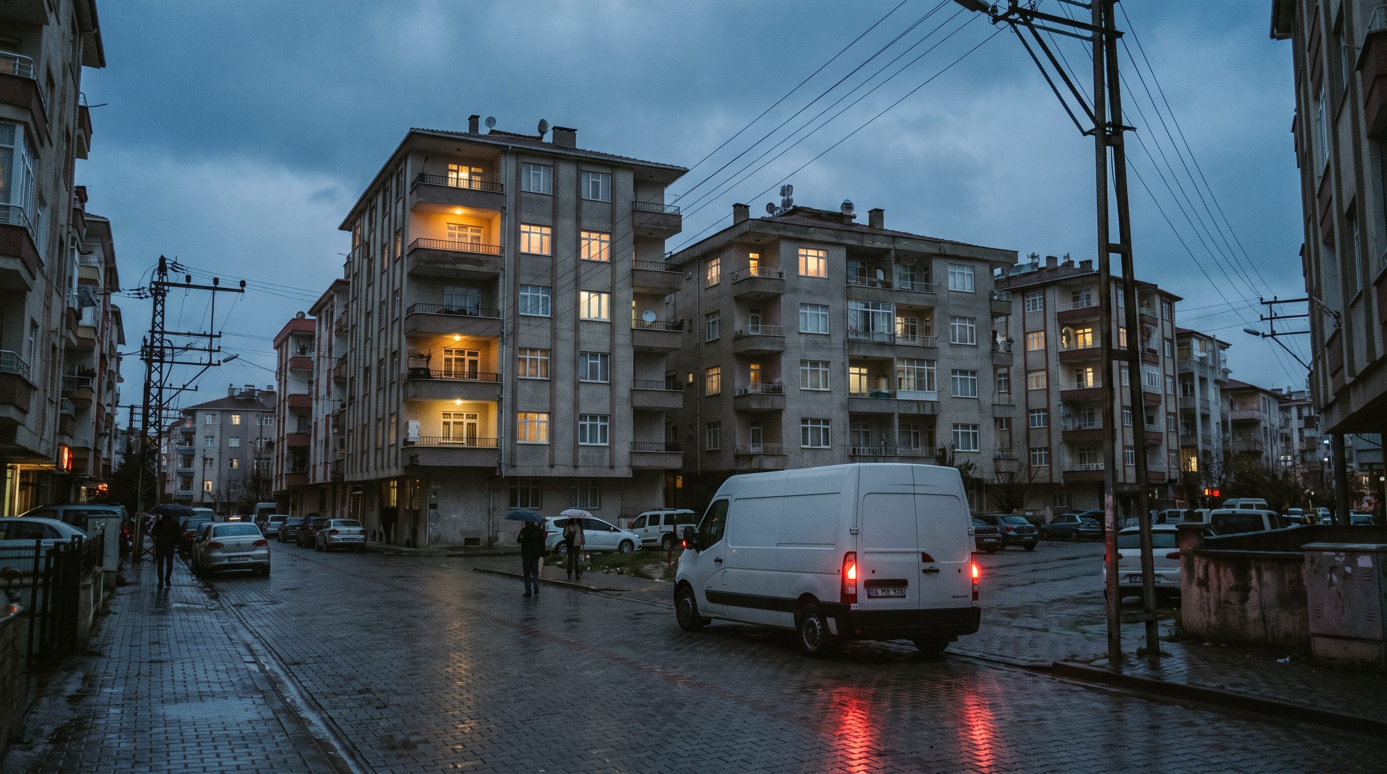 Akşam saatinde, pencereleri yanmış birkaç bloklu bir site; kaldırımda beyaz bir servis aracı